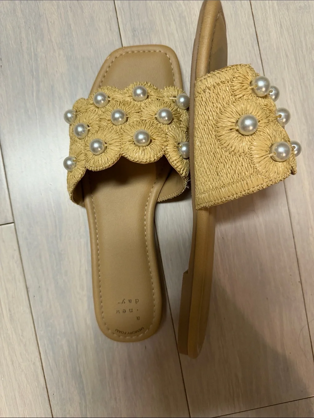a new day Tan Woven Slide Sandals with Pearl Accents